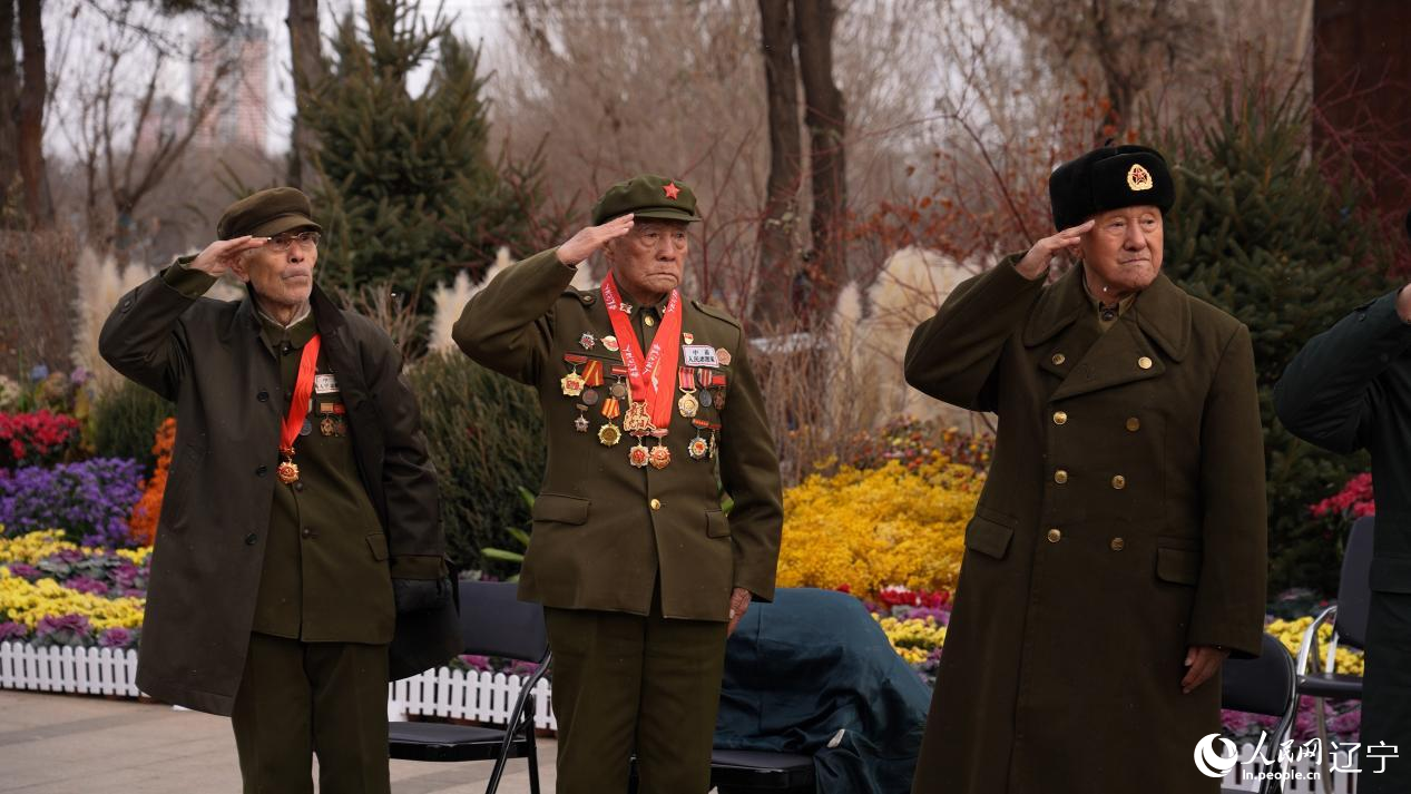 寒风中，志愿军老战士李维波（中）和他的战友们向归国的英烈敬礼致意。人民网记者 周颂雪摄