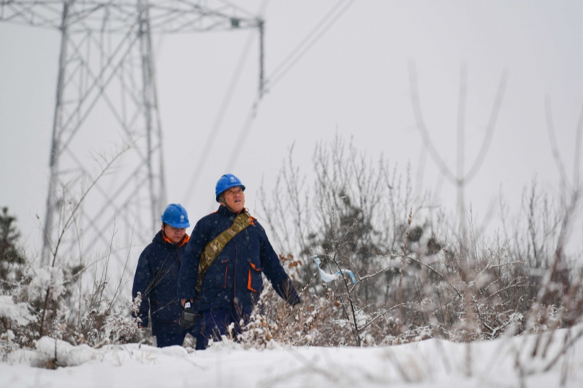 12月14日，辽宁沈阳供电公司员工巡检220千伏沈虎甲乙线26号杆塔。陈龙 摄