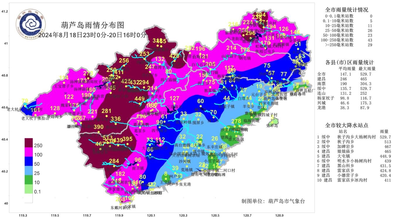 8月18日23時至20日16時葫蘆島地區降雨分布圖。圖片來源：遼寧省氣象局