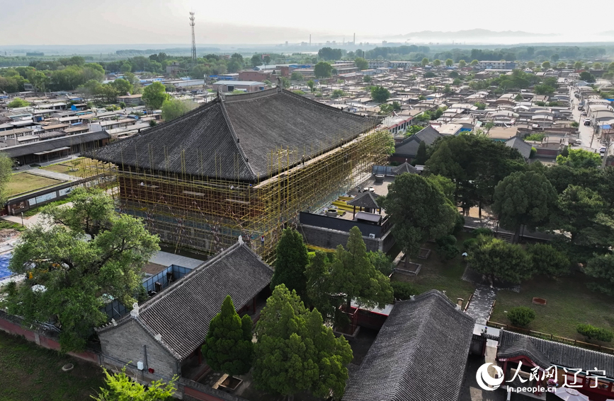 遼寧義縣奉國寺大雄殿啟動保護性修繕。人民網記者 邱宇哲攝（無人機照片）